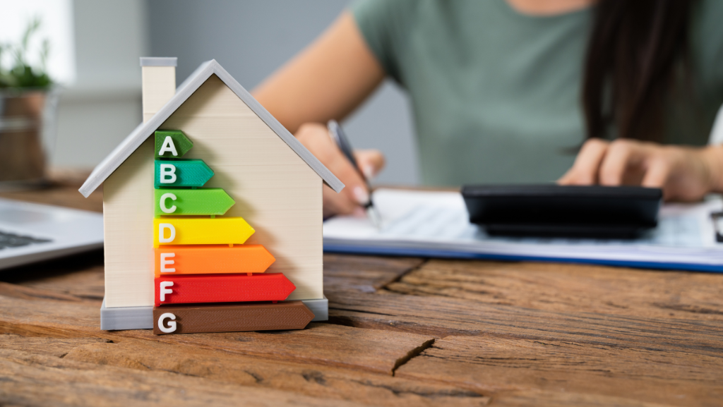 a photograph of a wooden model house with an energy efficiency rating scale on it