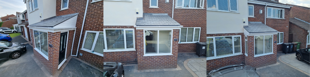 Three photographs of a brick porch with windows and a black composite door on a red brick home