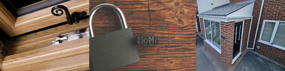 A banner featuring 3 photographs. The first is a close up of a window lock and handle, the second is a photo of a lock and key and the third is a photo of a brick porch at the front of a home.